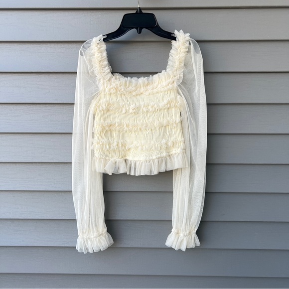 Mele E Pere Tops - Mele E Pere  Boho Ruffle Crop Top Sheer Long Sleeve Women’s Size S Cream